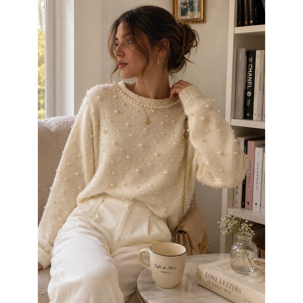 Vintage Pearl Beaded Angora Silk Sweater Ivory 80s Coquette L